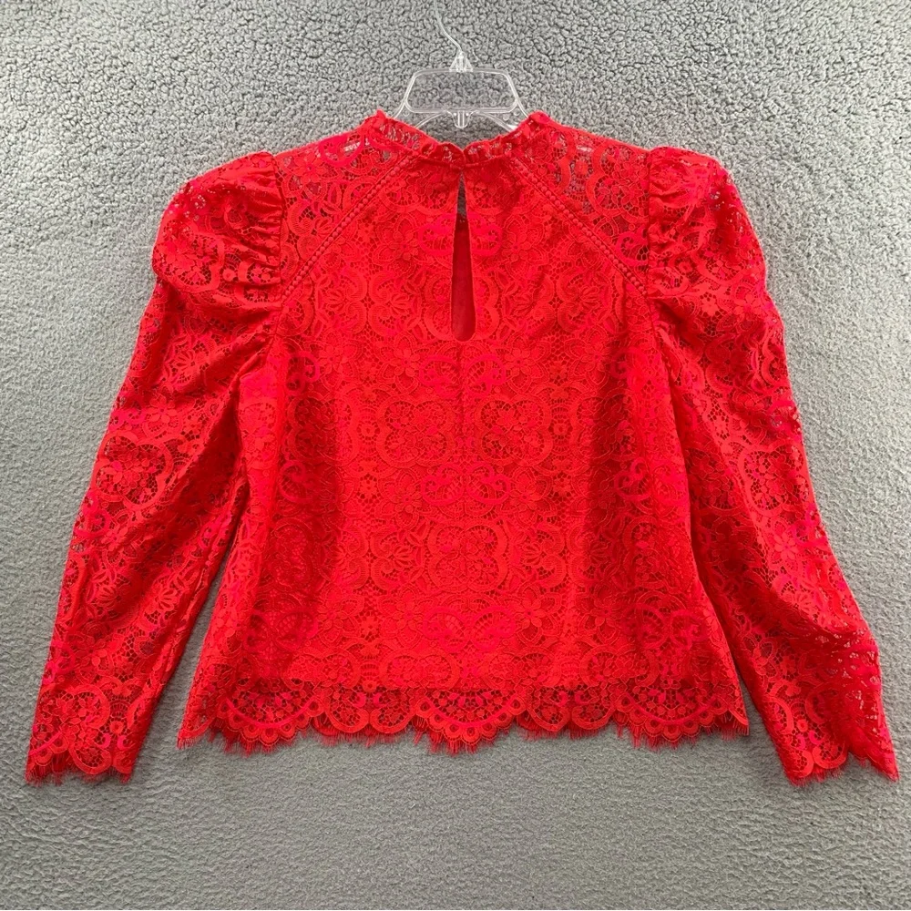 Lilly Pulitzer Averi White Puff Sleeve Top Scalloped Hem Red Hot Pink Two Tone L - Picture 9 of 12